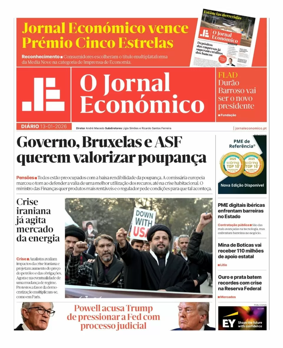 A primeira página do Jornal Económico de 13 de janeiro
