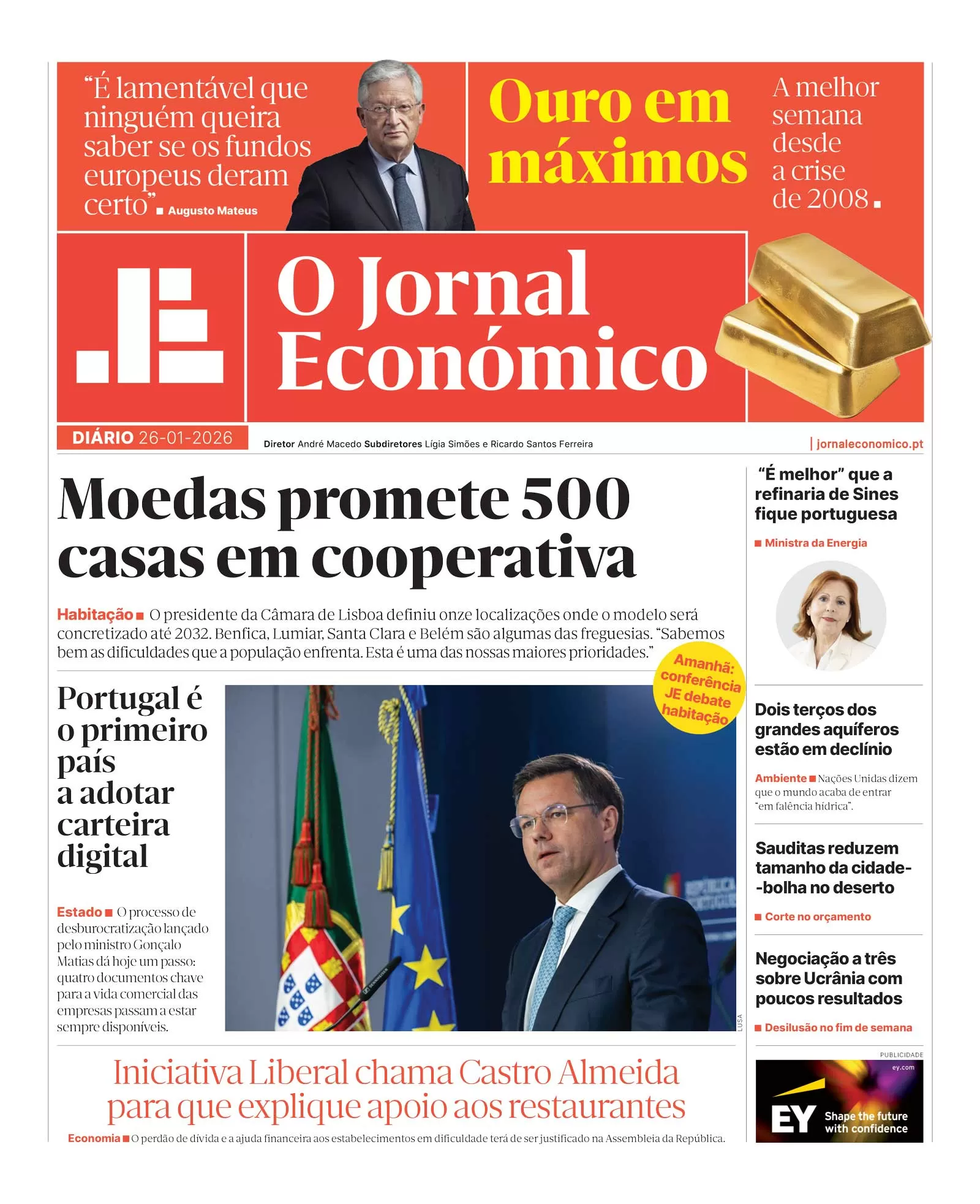 A primeira página do Jornal Económico de 26 de janeiro