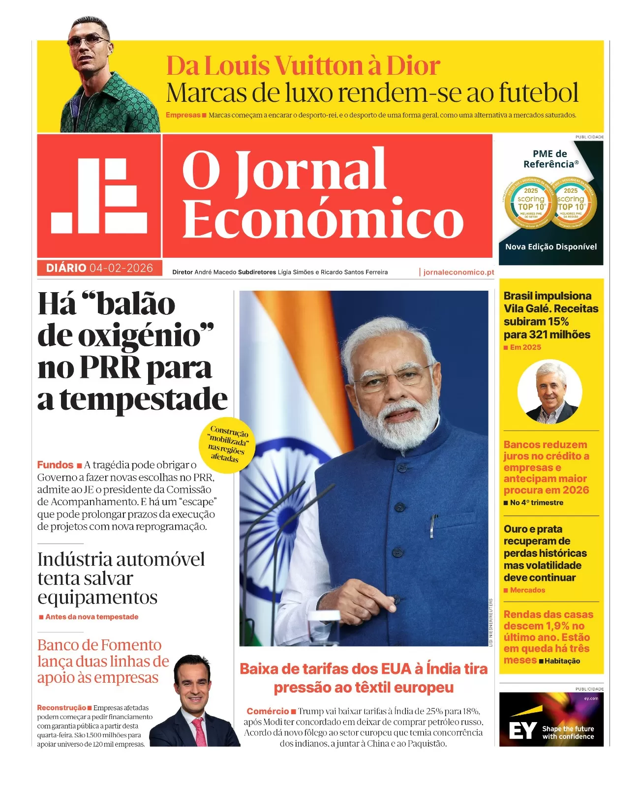 A primeira página do Jornal Económico de 4 de fevereiro