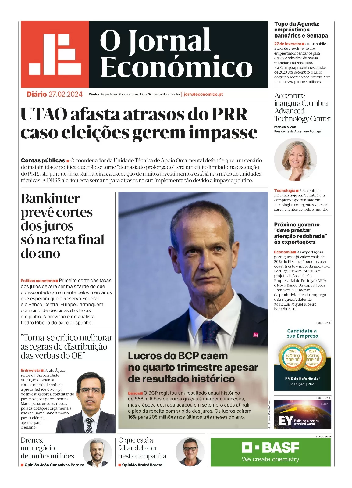 A primeira página do Jornal Económico de 27 de fevereiro